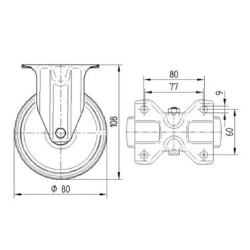 Standus ratukas, guminis ratas: Ø80x35mm, plokštelės tvirtinimas: 103x85mm. Apkrova: 70kg, Tente 3478PIR080P62.
