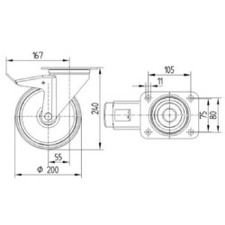Pasukamas ratukas, guminis ratas: Ø200x50mm, su stabdžiu, plokštelės tvirtinimas: 137x105mm. Apkrova: 205kg, Tente 3477DVR200P63