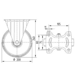 Standūs ratukai, guminiai ratukai: Ø200x50mm, plokštelės tvirtinimas: 137x115mm. Apkrova: 205kg, Tente 3478PIR200P63.
