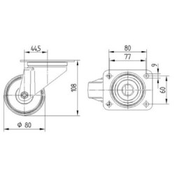 Pasukamas ratukas, guminis ratas: Ø80x35mm, plokštelės tvirtinimas: 105x85mm. Apkrova: 70kg, Tente 3470PIR080P62.