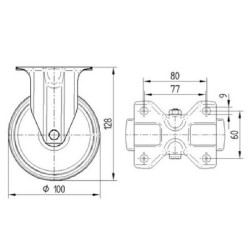 Standus ratukas, guminis ratas: Ø100x35mm, plokštelės tvirtinimas: 103x85mm. Apkrova: 75kg, Tente 3478PIR100P62.