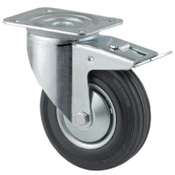 Pasukamas ratukas, guminis ratas: Ø125x37mm, su stabdžiu, plokštelės tvirtinimas: 105x85mm. Apkrova: 100kg, Tente 3477DVJ125P62.