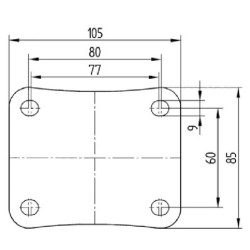 Pasukamas ratukas, guminis ratas: Ø125x37mm, su stabdžiu, plokštelės tvirtinimas: 105x85mm. Apkrova: 100kg, Tente 3477DVJ125P62.