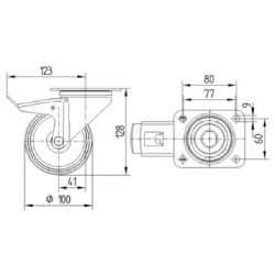 Pasukamas ratukas, guminis ratas: Ø100x30mm, su stabdžiu, plokštelės tvirtinimas: 105x85mm. Apkrova: 70kg, Tente 3477DVJ100P62.