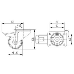 Pasukamas ratukas, guminis ratas: Ø80x35mm, su stabdžiu, plokštelės tvirtinimas: 105x85mm. Apkrova: 70kg, Tente 3477PIR080P62.