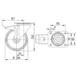Pasukamas ratukas, guminis ratas: Ø200x50mm, su stabdžiu, plokštelės tvirtinimas: 137x105mm. Apkrova: 205kg, Tente 3477PIR200P63