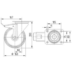 Pasukamas ratukas, guminis ratas: Ø160x40mm, su stabdžiu, plokštelės tvirtinimas: 137x105mm, apkrova: 135kg, Tente 3477PIR160P63