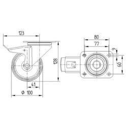 Pasukamas ratukas, guminis ratas: Ø100x35mm, su stabdžiu, plokštelės tvirtinimas: 105x85mm. Apkrova: 75kg, Tente 3477PIR100P62.