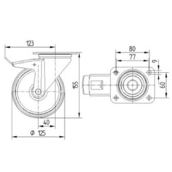 Pasukamas ratukas, guminis ratas: Ø125x37mm, su stabdžiu, plokštelės tvirtinimas: 105x85mm, apkrova: 100kg, Tente 3477PIR125P62