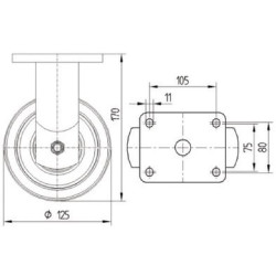 Standus ratukas, poliamidinis ratas: Ø125x50mm, plokštelės tvirtinimas: 135x110mm. Apkrova: 700kg, Tente 9688TOP125P63.