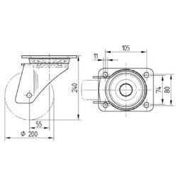 Pasukamas ratukas, poliamidinis ratas: Ø200x50mm, plokštelės tvirtinimas: 137x105mm. Apkrova: 800kg, Tente 4680UOP200P63.
