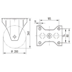 Standus ratukas, poliamidinis ratas: Ø200x50mm, plokštelės tvirtinimas: 137x105mm. Apkrova: 800kg, Tente 4688UOP200P63.