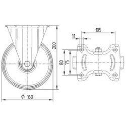 Standus ratukas, poliamidinis ratas: Ø160x40mm, plokštelės tvirtinimas: 137x115mm. Apkrova: 350kg, Tente 3478UOR160P63.