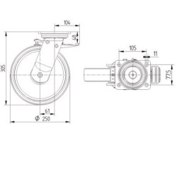 Pasukamas ratukas, poliamidinis ratas: Ø250x50mm, su stabdžiu, plokštelės tvirtinimas: 135x110mm, apkrova: 1000kg, Tente 9682TOP