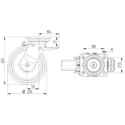 Pasukamas ratukas, poliamidinis ratas: Ø200x50mm, su stabdžiu, plokštelės tvirtinimas: 135x110mm, apkrova: 1000kg, Tente 9682TOP