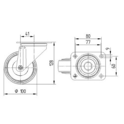 Pasukamas ratukas, poliamidinis ratas: Ø100x36mm, plokštelės tvirtinimas: 105x85mm. Apkrova: 160kg, Tente 3470HUR100P62.