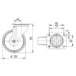 Pasukamas ratukas, poliamidinis ratas: Ø125x36mm, plokštelės tvirtinimas: 105x85mm. Apkrova: 200kg, Tente 3470HUR125P62.