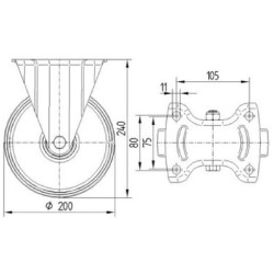 Standus ratukas, poliamidinis ratas: Ø200x50mm, plokštelės tvirtinimas: 137x115mm. Apkrova: 350kg, Tente 3478UOR200P63.