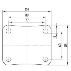 Pasukamas ratukas, poliamidinis ratas: Ø125x40mm, plokštelės tvirtinimas: 105x85mm. Apkrova: 250kg, Tente 3470UOJ125P62.