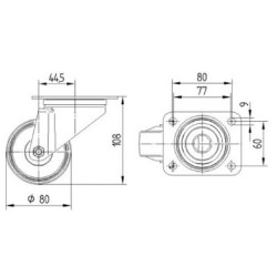 Pasukamas ratukas, poliamidinis ratas: Ø80x34mm, plokštelės tvirtinimas: 105x85mm. Apkrova: 200kg, Tente 3470UOJ080P62.