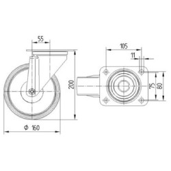 Pasukamas ratukas, poliamidinis ratas: Ø160x40mm, plokštelės tvirtinimas: 137x105mm. Apkrova: 350kg, Tente 3470UOR160P63.