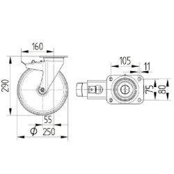 Pasukamas ratukas, poliamidinis ratas: Ø250x50mm, su stabdžiu, plokštelės tvirtinimas: 137x105mm. Apkrova: 800kg, Tente 4687UOP2