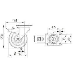 Pasukamas ratukas, poliamidinis ratas: Ø160x50mm, su stabdžiu, plokštelės tvirtinimas: 137x105mm, apkrova: 800kg, Tente 4687TOP1