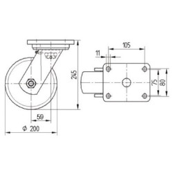 Pasukamas ratukas, poliamidinis ratas: Ø200x50mm, plokštelės tvirtinimas: 135x110mm. Apkrova: 1000kg, Tente 9680TOP200P63