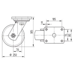 Pasukamas ratukas, poliamidinis ratas: Ø250x50mm, plokštelės tvirtinimas: 135x110mm. Apkrova: 1000kg, Tente 9680TOP250P63