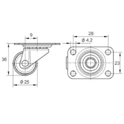 Pasukamas ratukas, polipropileno ratas: Ø25x12mm, plokštelės tvirtinimas: 35x30mm. Apkrova: 10kg, Tente 1430POI025P603530.