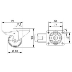 Pasukamas ratukas, poliamidinis ratas: Ø80x34mm, su stabdžiu, plokštelės tvirtinimas: 105x85mm. Apkrova: 200kg, Tente 3477UOJ080