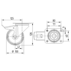 Pasukamas ratukas, poliamidinis ratas: Ø100x36mm, su stabdžiu, plokštelės tvirtinimas: 105x85mm. Apkrova: 200kg, Tente 3477UOJ10