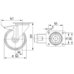 Pasukamas ratukas, poliamidinis ratas: Ø160x40mm, su stabdžiu, plokštelės tvirtinimas: 137x105mm, apkrova: 350kg, Tente 3477UOR1