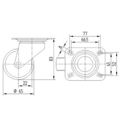 Pasukamas ratukas, polipropileno ratas: Ø65x30mm, plokštelės tvirtinimas: 95x70mm. Apkrova: 120kg, Tente 3430POO065P609570.