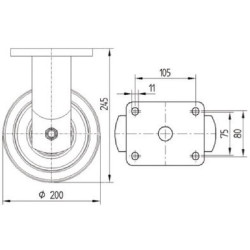 Standus ratukas, poliuretano ratas: Ø200x60mm, plokštės tvirtinimas: 135x110mm. Apkrova: 1200kg, Tente 9688FTP200P63.