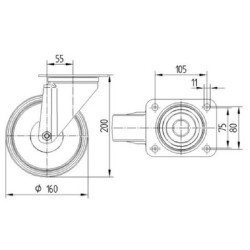 Pasukamas ratukas, poliuretano ratas: Ø160x40mm, plokštelės tvirtinimas: 137x105mm. Apkrova: 350kg, Tente 3470UAR160P63.