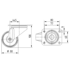 Pasukamas ratukas, poliuretano ratas: Ø80x32mm, plokštelės tvirtinimas: 105x85mm. Apkrova: 100kg, Tente 3470UAR080P62.