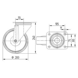 Pasukamas ratukas, poliuretano ratas: Ø200x46mm, plokštelės tvirtinimas: 137x105mm. Apkrova: 350kg, Tente 3470UAR200P63.