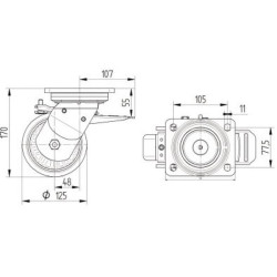 Pasukamas ratukas, poliuretano ratas: Ø125x50mm, su stabdžiu, plokštelės tvirtinimas: 135x110mm, apkrova: 550kg, Tente 9682FTP12