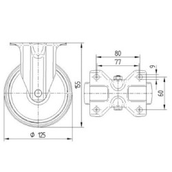 Standus ratukas, poliuretano ratas: Ø125x32mm, su stabdžiu, plokštelės tvirtinimas: 103x85mm. Apkrova: 200kg, Tente 3478UAR125P6