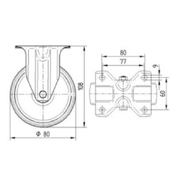 Standus ratukas, poliuretano ratas: Ø80x32mm, su stabdžiu, plokštelės tvirtinimas: 103x85mm, apkrova: 100kg, Tente 3478UAR080P62
