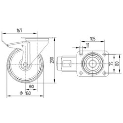 Pasukamas ratukas, poliuretano ratas: Ø160x40mm, su stabdžiu, plokštelės tvirtinimas: 137x105mm, apkrova: 350kg, Tente 3477UAR16