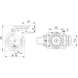 Pasukamas ratukas, poliuretano ratas: Ø160x50mm, su stabdžiu, plokštelės tvirtinimas: 135x110mm, apkrova: 750kg, Tente 9682FTP16