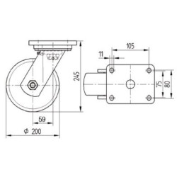 Pasukamas ratukas, poliuretano ratas: Ø200x50mm, plokštelės tvirtinimas: 135x110mm. Apkrova: 1000kg, Tente 9680FTP200P63.