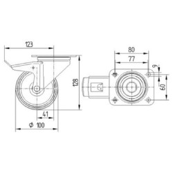 Pasukamas ratukas, poliuretano ratas: Ø100x32mm, su stabdžiu, plokštelės tvirtinimas: 105x85mm, apkrova: 150kg, Tente 3477UAR100