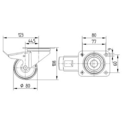 Pasukamas ratukas, poliuretano ratas: Ø80x32mm, su stabdžiu, plokštelės tvirtinimas: 105x85mm, apkrova: 100kg, Tente 3477UAR080P