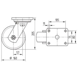Pasukamas ratukas, poliuretano ratas: Ø160x50mm, plokštelės tvirtinimas: 135x110mm. Apkrova: 750kg, Tente 9680FTP160P63.