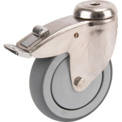 Pasukamas ratukas, guminis ratas: Ø125x32mm, su stabdžiu, nerūdijančio plieno, viena varžto skylė, apkrova: 100kg, Tente 7477PJC