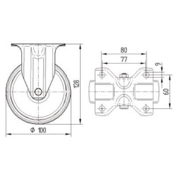 Standus ratukas, poliamidinis ratas: Ø100x36mm, nerūdijančio plieno plokštės tvirtinimas: 100x85mm. Apkrova: 200kg, Tente 8478UO