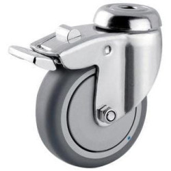 Pasukamas ratukas, guminis ratas: Ø75x25mm, su stabdžiu, nerūdijančio plieno, viena varžto skylė. Apkrova: 75kg, Tente 7477PJC07